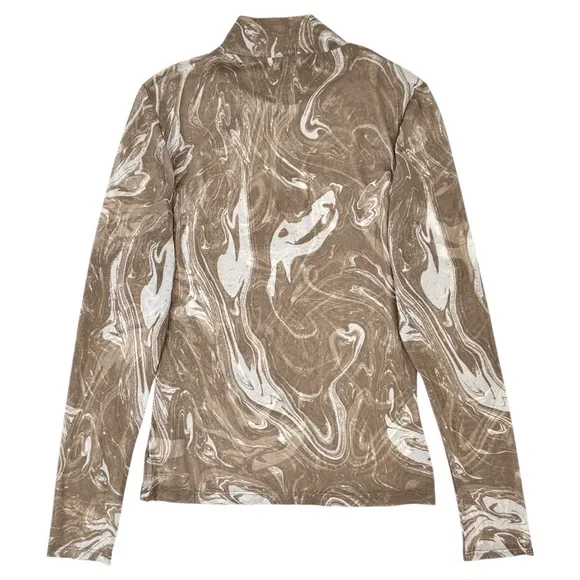 NLT No Less Than Gray Brown Marble Print High Neck Mesh Long Sleeve Top sz M - Picture 2 of 7